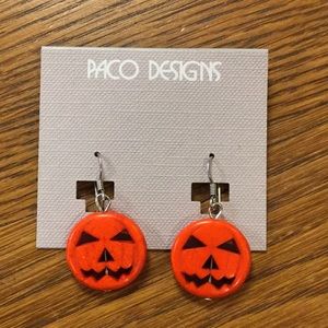 Orange stone Pumpkin Jack o Lantern Earrings.